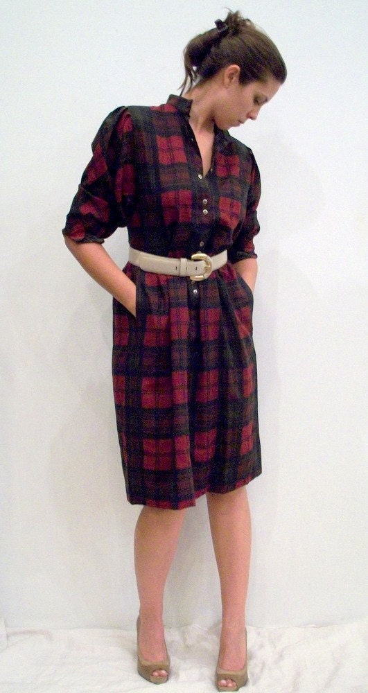 SALE /// Vintage Wool Plaid Dress by JAEGER Paris London New York Olive Green & Oxblood Red Size 10 Medium or Large Free Shipping