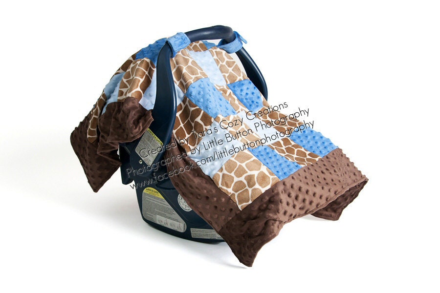 Minky Cuddle Giraffe Carseat CANOPY Blanket- BOY- Ships in 1-3 Days