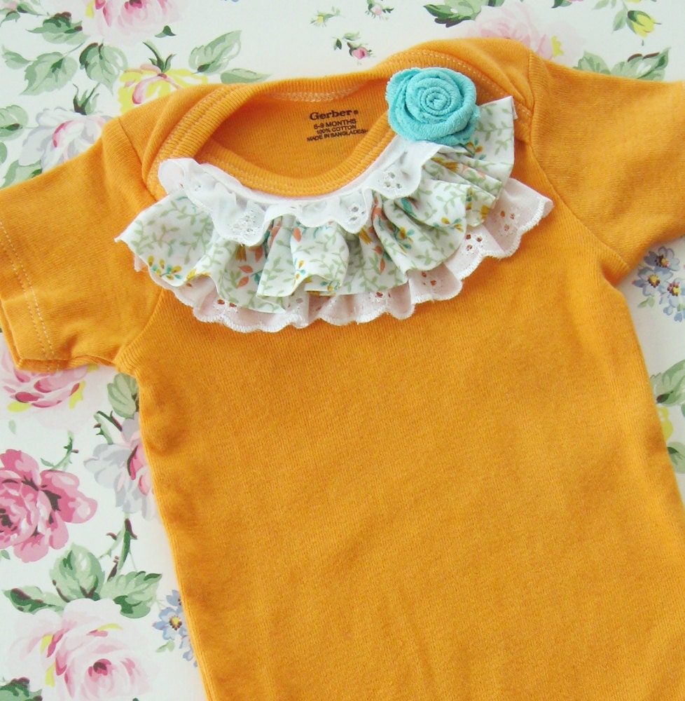 sunshine orange hand dyed onesie embellished with vintage fabric and lace, and a pretty little aqua rose, 6m to 9m, baby girl photos spring