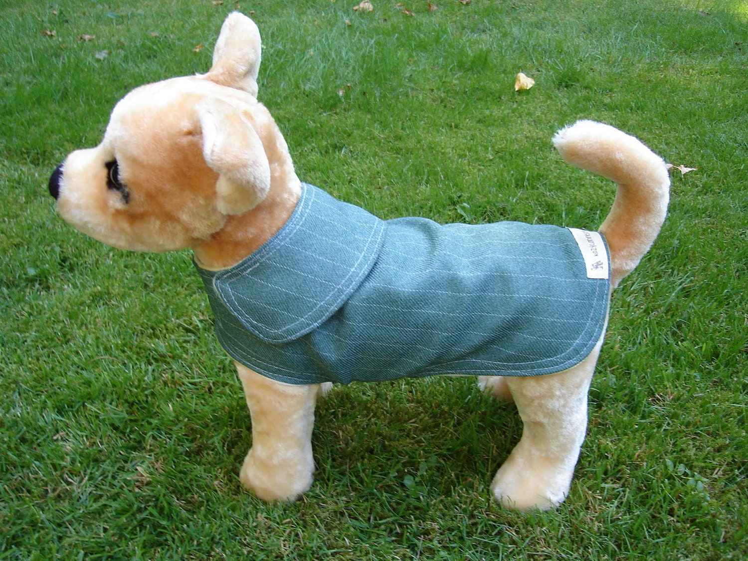 Dog Jacket- Green Pinstripe Dog Coat- Size XX Small- 8 to 10 Inch Back Length- Or Custom Size