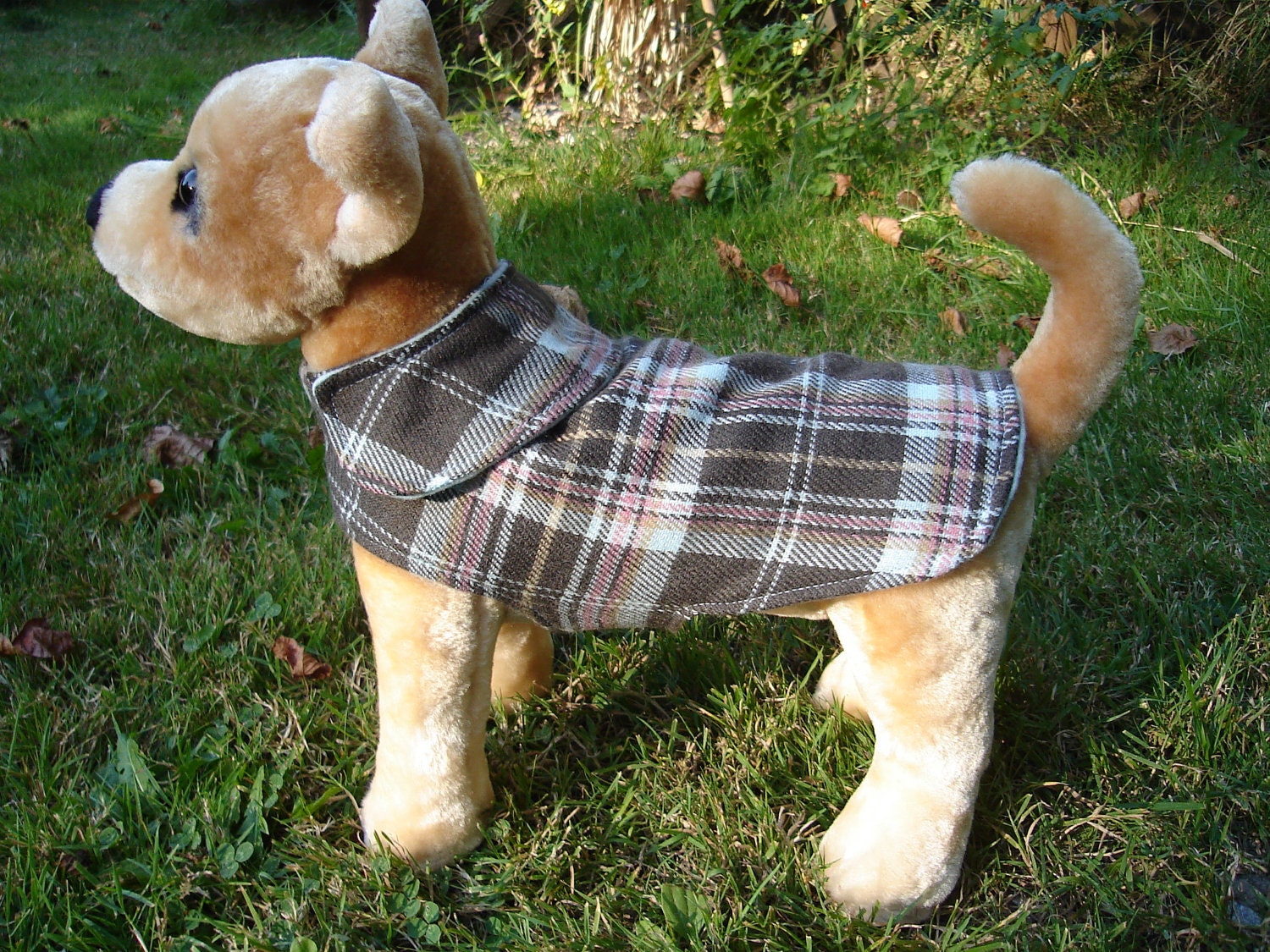 Dog Jacket -  Taupe and Blue Plaid Wool Coat- Size XX Small- 8 to 10 Inch Back Length