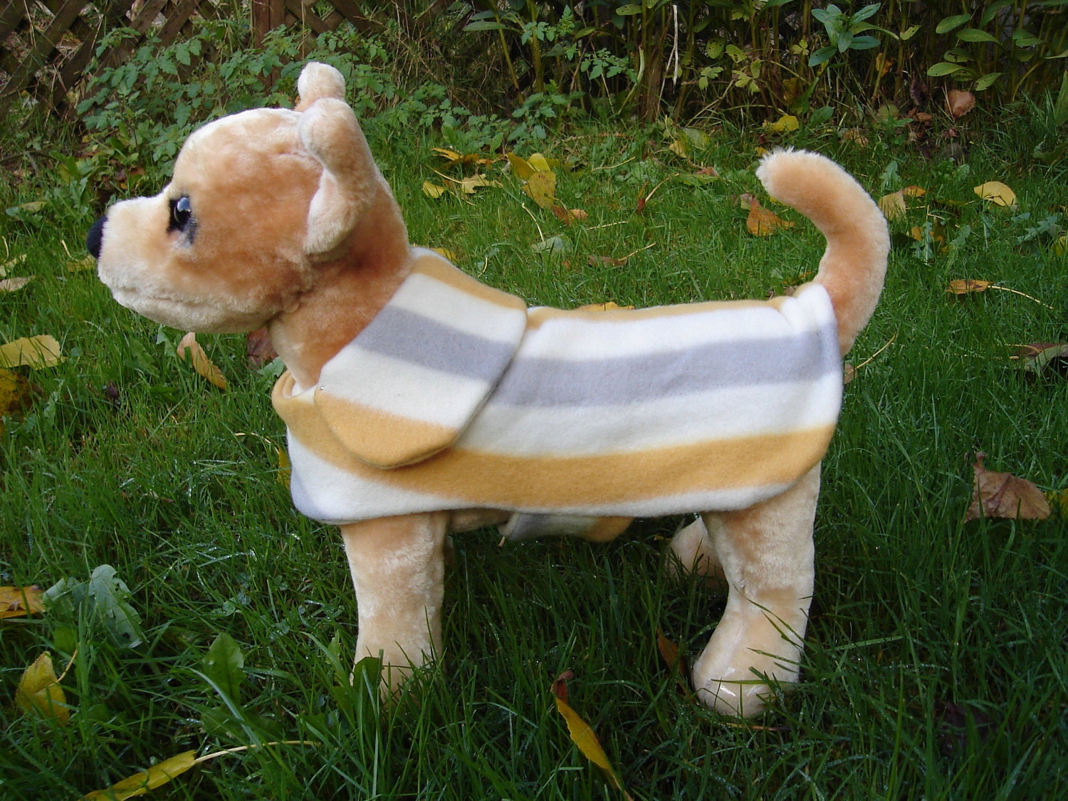 Dog Jacket - Grey Mustard and White Stripes Fleece Dog Coat- XX Small- 8 to 10 Inch Back Length - Or Custom Size