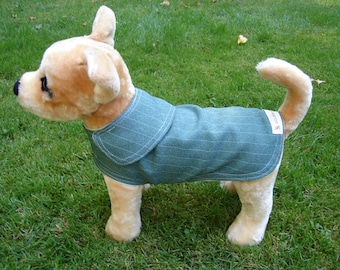 Dog Jacket- Green Pinstripe Dog Coat- Size XX Small- 8 to 10 Inch Back Length- Or Custom Size