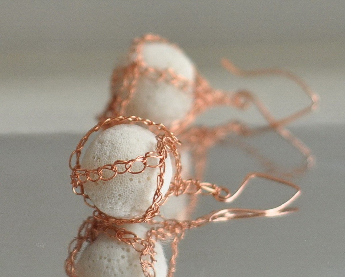 Earrings - crocheted pure copper with white clear volcanic lava beads - Primeval Elements