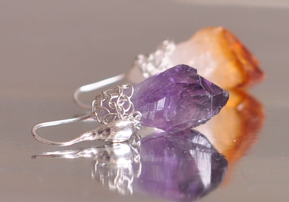 Pendant with matching earrings SET - amethyst citrine natural rough gemstones with sterling silver - Together Always