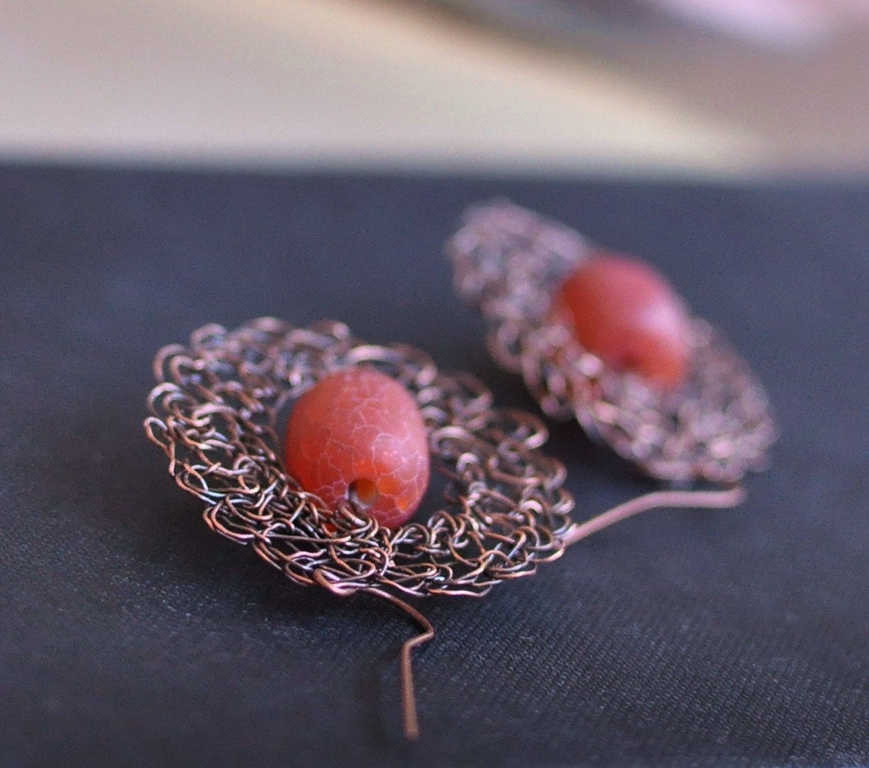 Earrings - antiqued copper handwoven oval lace with natural cherry dragon vein agate - Ruby Sunset