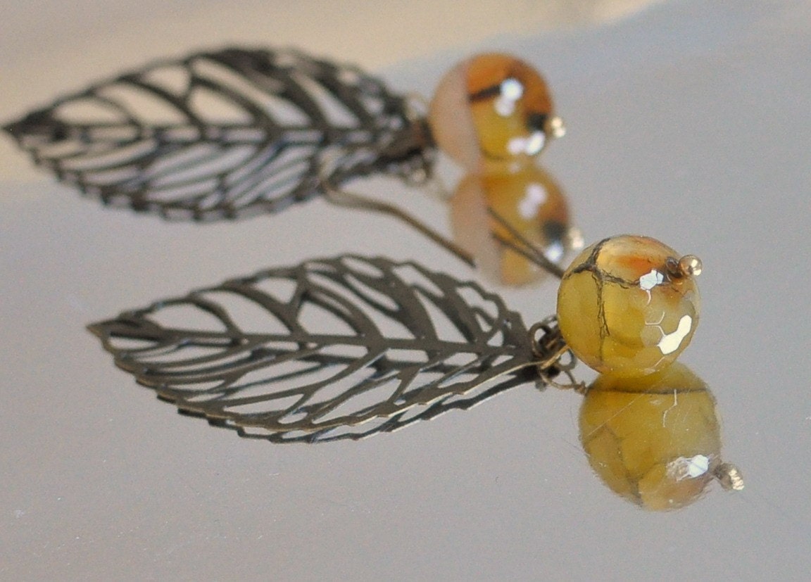 Earrings - antique bronze lacy leaves and natural agate gemstones