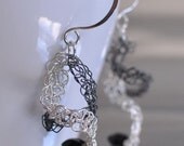 Earrings - sterling silver handwoven curly lace and black quartz gemstone - Classy Duo