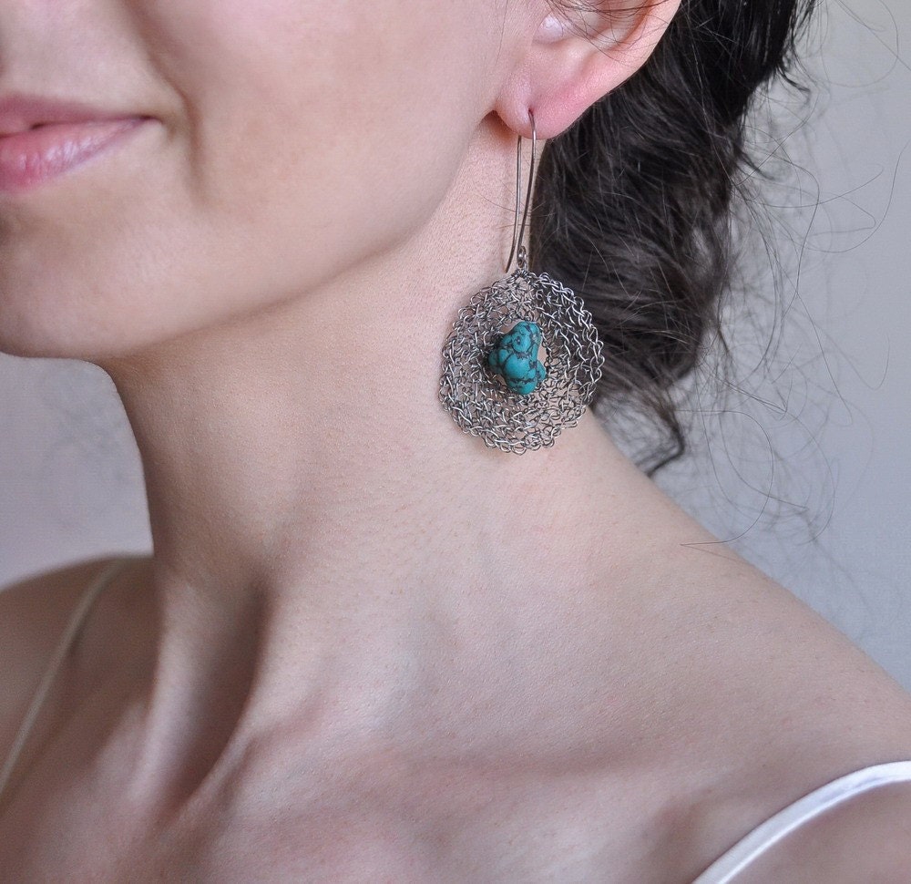 Earrings - oxidized silver handwoven lace with natural magnesite in rich turquoise - Meteor Shower