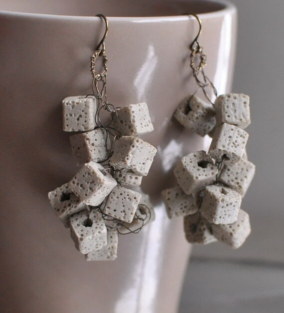 Earrings - antiqued pure brass with cluster natural volcanic lava stones