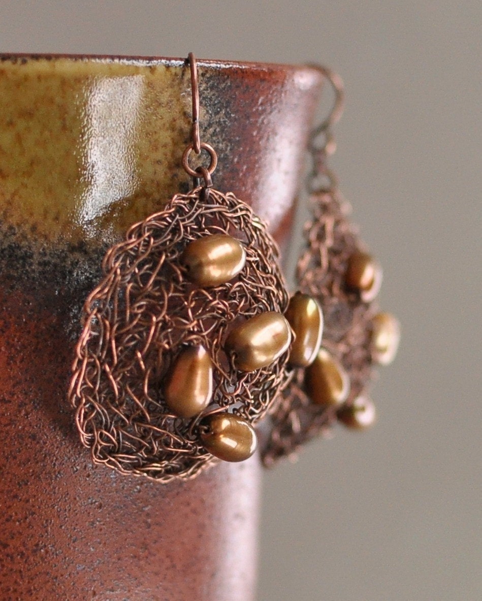 Earrings - antiqued copper handwoven sculpture  with natural freshwater pearls - Chocolate Cookies