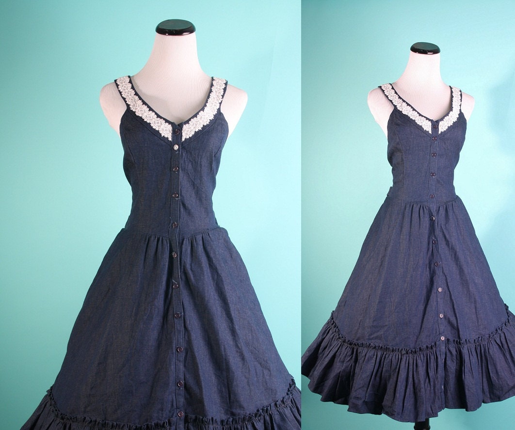 Gunne Sax Dress / Denim Dress / Vintage Crochet / Dark Denim / Prairie Dress / Boho / Dress / Dresses / Bohemian / Circle Skirt / 0851