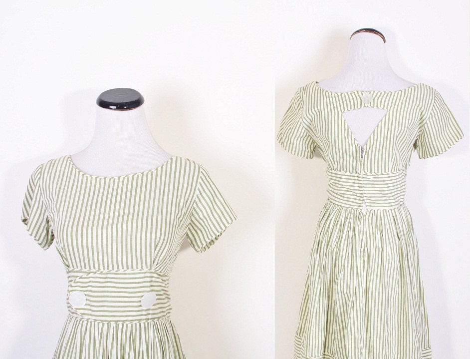 1950s Dress / Dress / Dresses / Vintage Dress / Cotton Dress / Olive Green / Striped / Mad Men Dress / Nautical / Preppy / Fashion / 1113