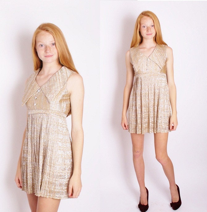 Gold 1960s Mod Mini Dress / Greek Dress / Grecian / Metallic / Short Dress / Alternative Wedding Dress / 1187