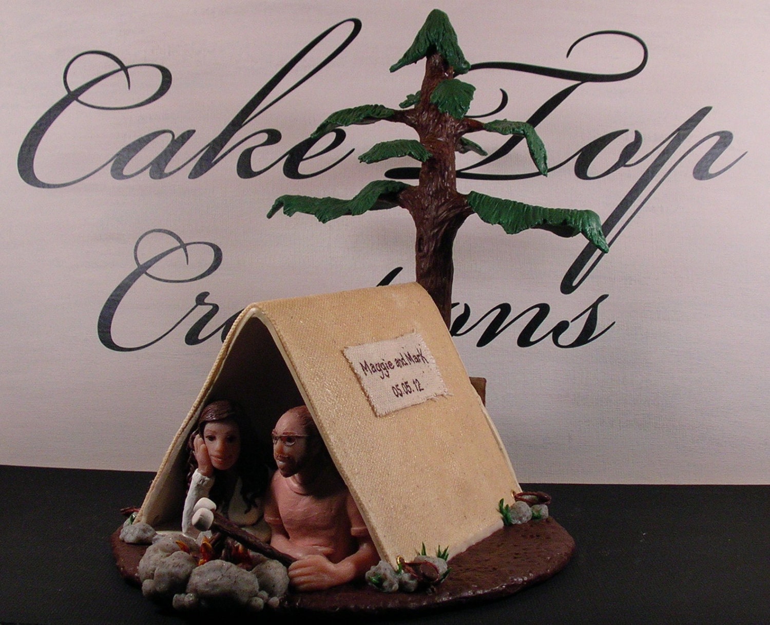 Camping Wedding Cake Topper with Tent,Campfire and couple roasting marshmallows