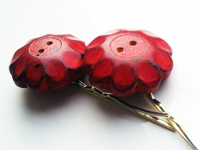 Vintage Button Hair Pins Red Wood Flowers Pair Hair Accessory Decoration CLEARANCE SALE - VaudevilleGypsy