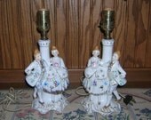 Vintage Made In Occupied Japan Boudoir Porcelain Colonial Figurines Table Lamp Pair