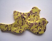 Large Yellow polymer clay Bird buttons, set of 3, purple flourish pattern