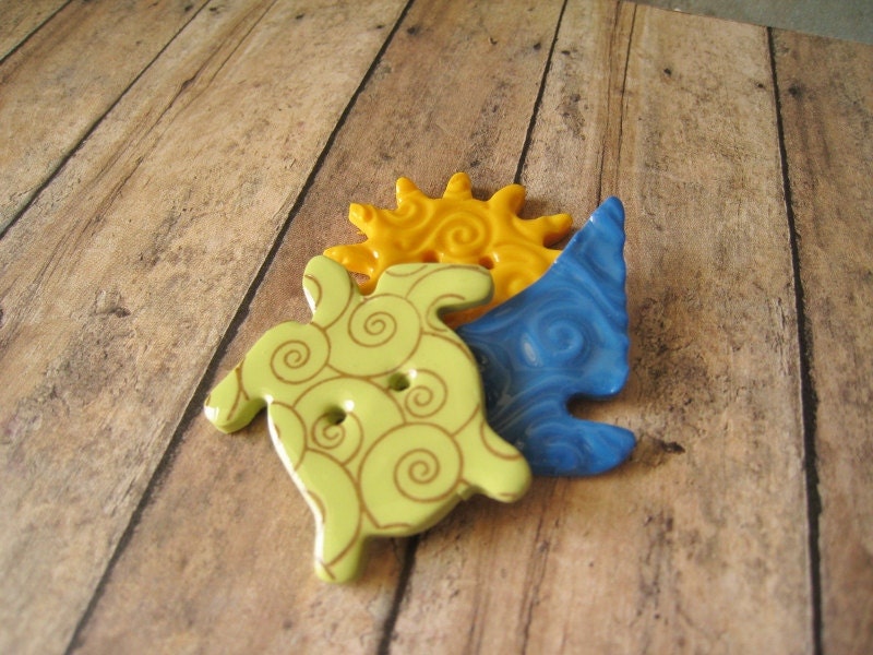 Light Green polymer clay Sea Turtle Button Set with blue boat and sun