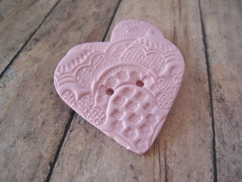 Light Pink polymer clay Doily Heart Buttons, set of 3 large