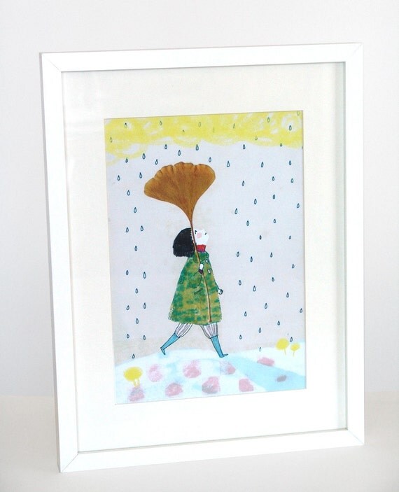 Collage Illustration. Signed Art Print. Rainy walk with a Gingko Leaf Umbrella