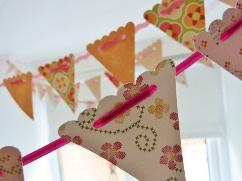 Bunting garland in peach & sage green flowery cardstock 15 flags on beautiful velvet ricrac ribbon READY TO SHIP Il_570xn