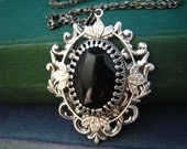 vintage West Germany jet black glass jewel Sterling silver plated brass necklace,N500