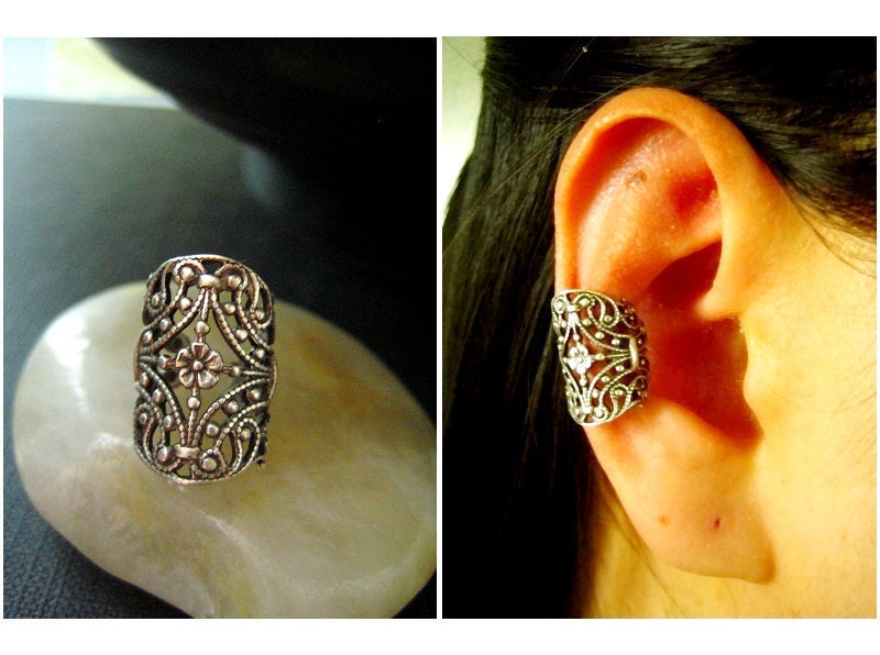 Ear cuff NO PIERCING--ox Antique sterling silver plated brass art nouveau floral filigree earrings