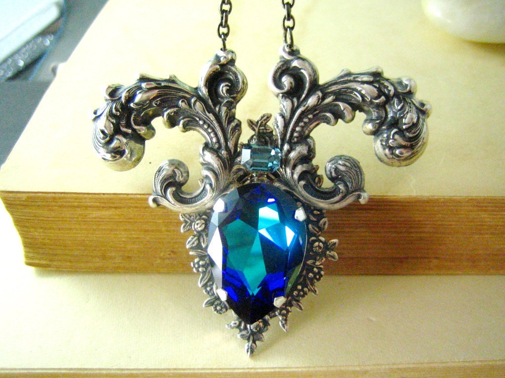 Artemia No.3--X-large Swarovski Heliotrope crystal and Indian sapphire crystal,antique silver neo Victorian necklace, all soldered