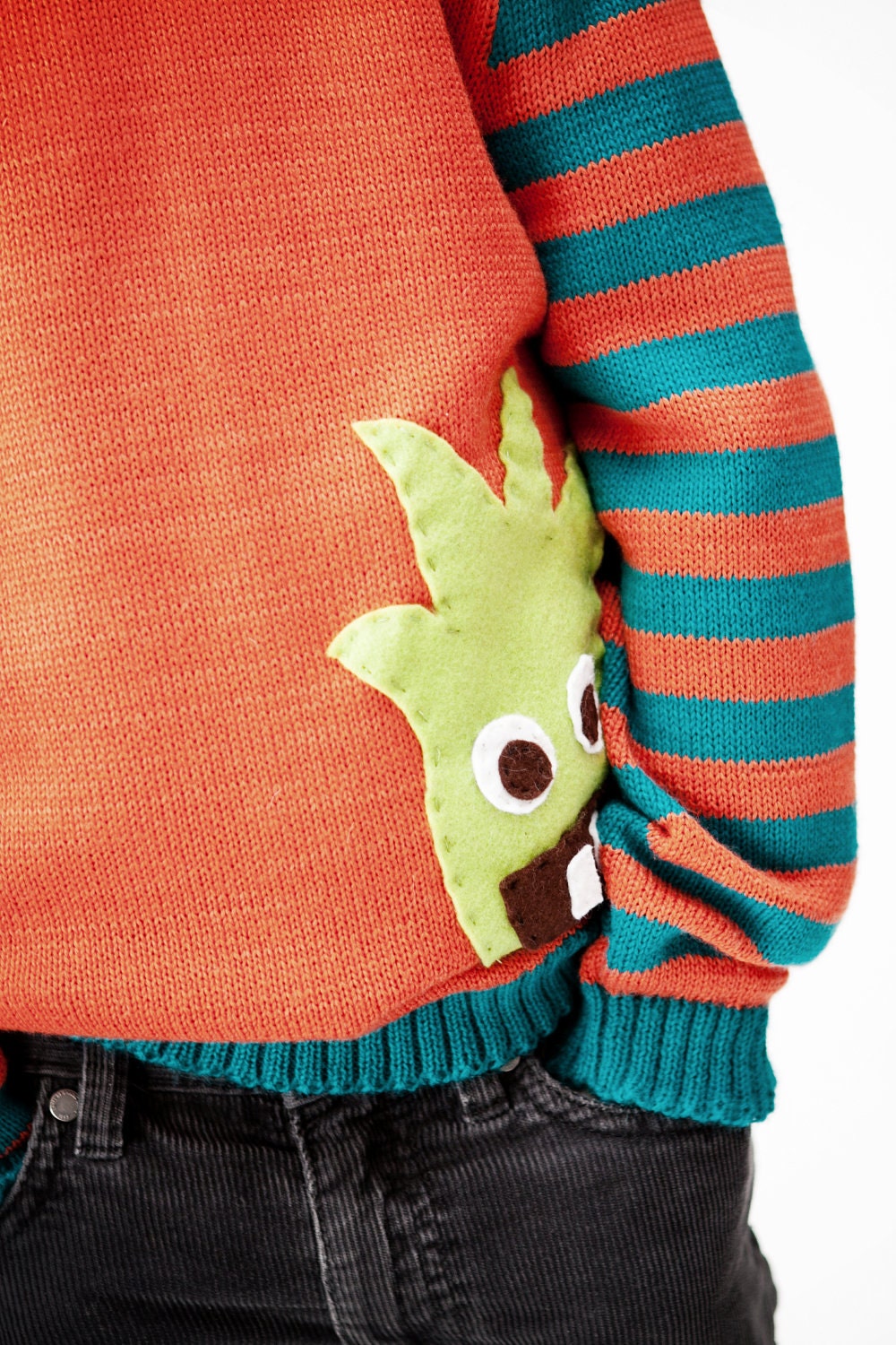 Knitted boy's sweater, striped in orange and turquoise, READY TO SHIP 5-7y