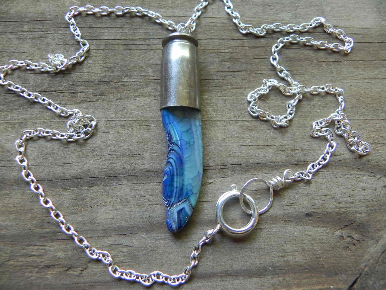 blue agate bullet necklace, agate necklace, bullet agate statement necklace, blue stone necklace, gypsy necklace
