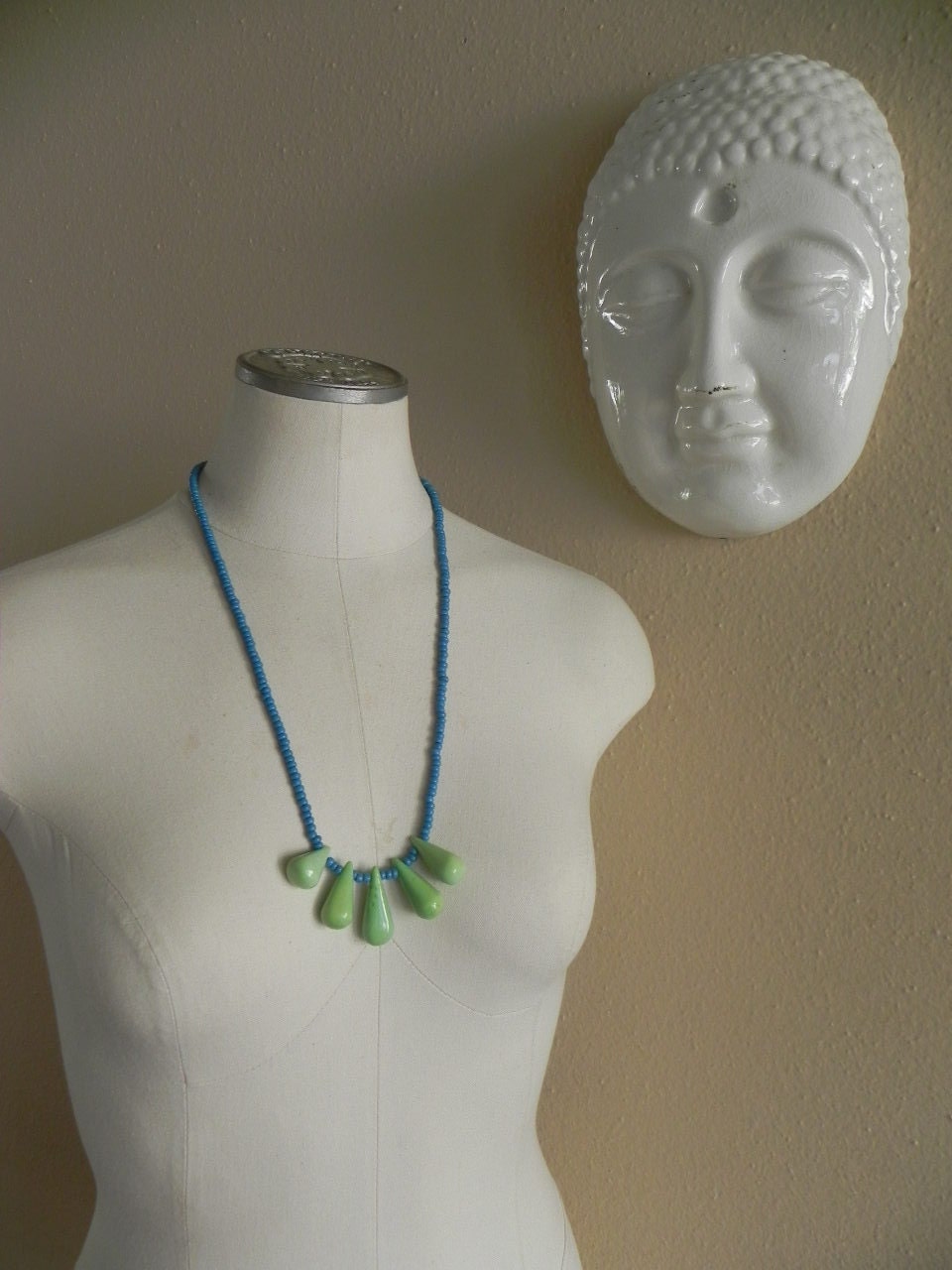 Statement necklace, modern tribal necklace, colorful beaded necklace, long beaded necklace, color blocked necklace, green and blue necklace