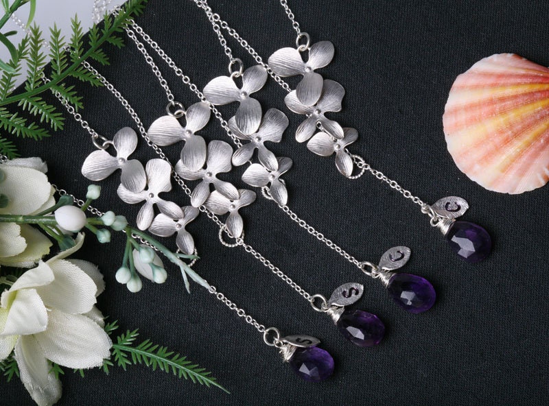 Set of 5,Orchid flower Necklace,leaf initial,Custom Birthstone and birthstone,lariat,Bridesmaids gift, flower girl gift,flower jewelry