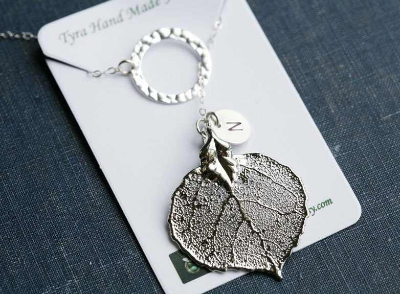 Circle Necklace,Real Aspen Leaf,Initial Sterling Silver Necklace,Leaf necklace,Hammered Eternity,Bridesmaid gifts,Wedding Jewelry