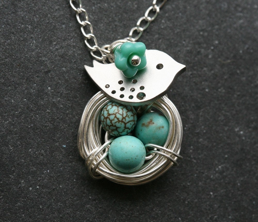 Original Signature Design,Lovely Bird and Nest Turquoise Jasper Eggs sterling silver Necklace