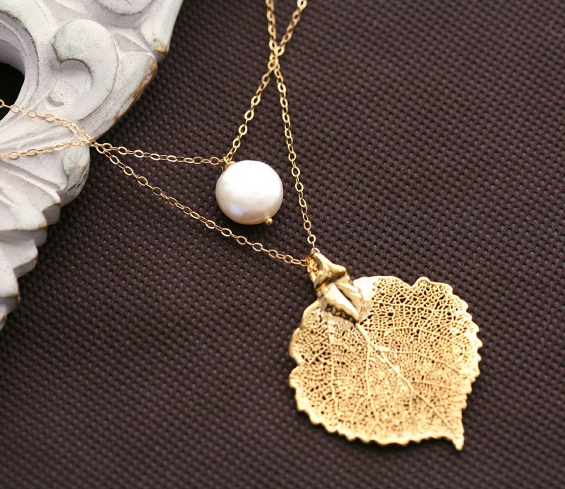 Double layer,Gold filled,Coin pearl necklace,Aspen leaf,Custom birthstone,birthday gift,bridesmaid gifts,wedding jewelry,fall autumn weddin
