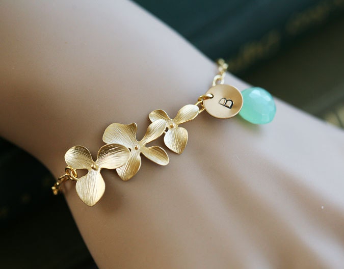 Personalized Birthstone initial Bracelet,Orchid flower,leaf initial Charm Bracelet, sterling silver, Flower girl, wedding Jewelry