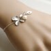 Orchid flower and leaf initial sterling silver bracelet,Flower jewelry,Flower girl,Bridesmaid gifts,Wire wrapped pearl,Adjustable bracelet
