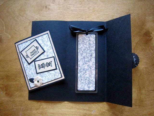 Bookmark and Birthday Card Creme and Black Floral With Gift Envelope Gift Pack