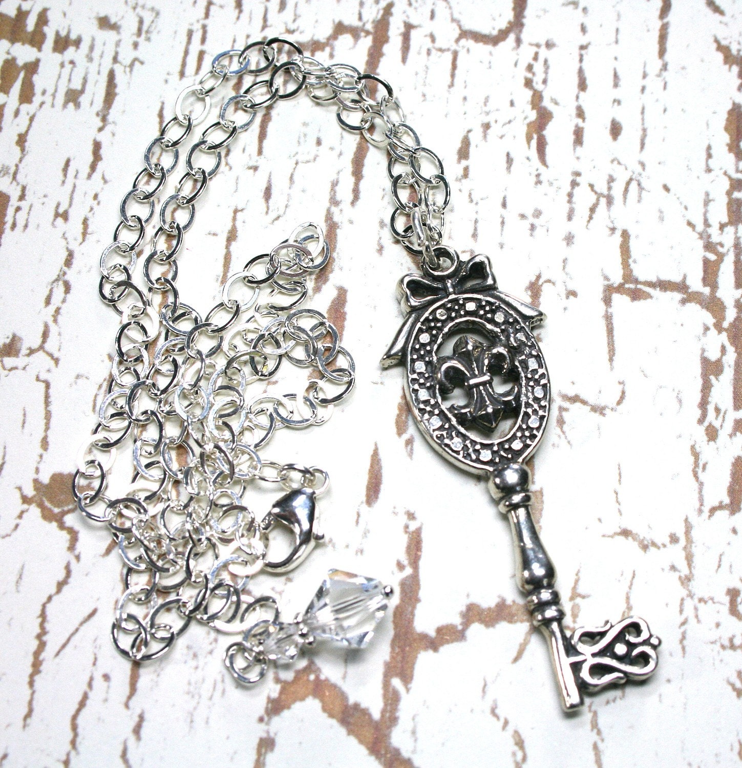 SALE - Vintage Silver Key Necklace -The  Fleur de Key Necklace - All Sterling Silver - Adjustable Chain  - FREE SHIPPING