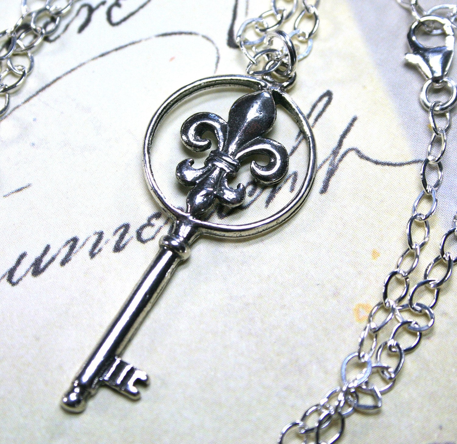 Spring Sale - Silver Key Necklace - The Fleur-de-Lis Key Pendant - Handmade with Sterling Silver and Swarovski Crystal - FREE SHIPPING
