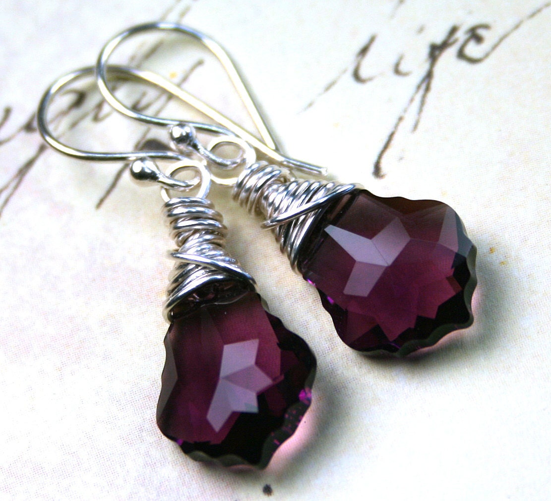 Swarovski Baroque Crystal Wire Wrapped Earrings in Amethyst Purple - Handmade with Sterling Silver and Swarovski Crystal- Free Shipping