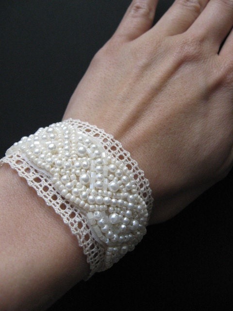 Vintage pearl Bridal bracelet victorian cuff  Wedding accessory champagne Ivory lace pearl embroidered Antique satin ribbon tie