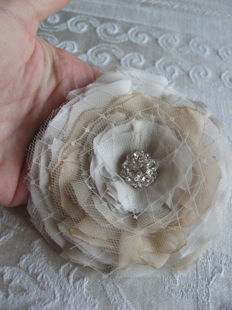 Reserved for Kim 2 hairpieces and 1Brooch and Hair clip(2 in 1) beige, ivory Flower, swarovski rhinestone, netting