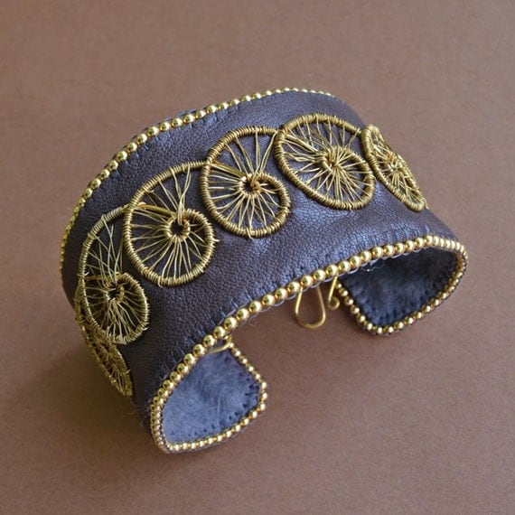 wire woven spiral and leather bracelet