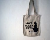 Tote Bag with Cat Print - I Love Black Cat-Gray linen tote bag-Eco Friendly Tote-Cat's lovers collection - Gift under  30  nO 2.