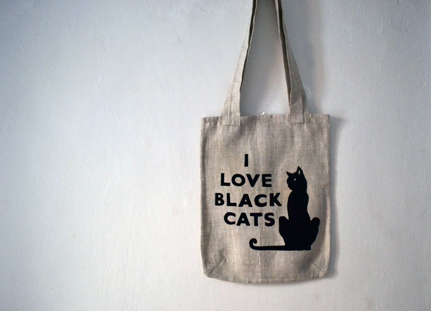 Tote Bag with Cat Print - I Love Black Cat-Gray linen tote bag-Eco Friendly Tote-Cat's lovers collection - Gift under  30  nO 2.
