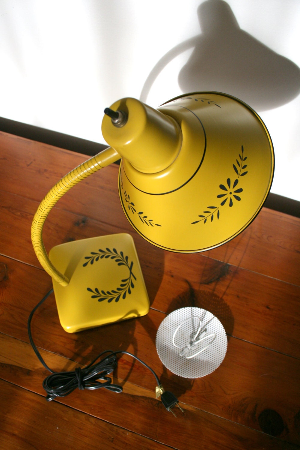 Mustard Yellow Ochre Gooseneck Desk Lamp with Black Laurel Wreath Stencil Pattern