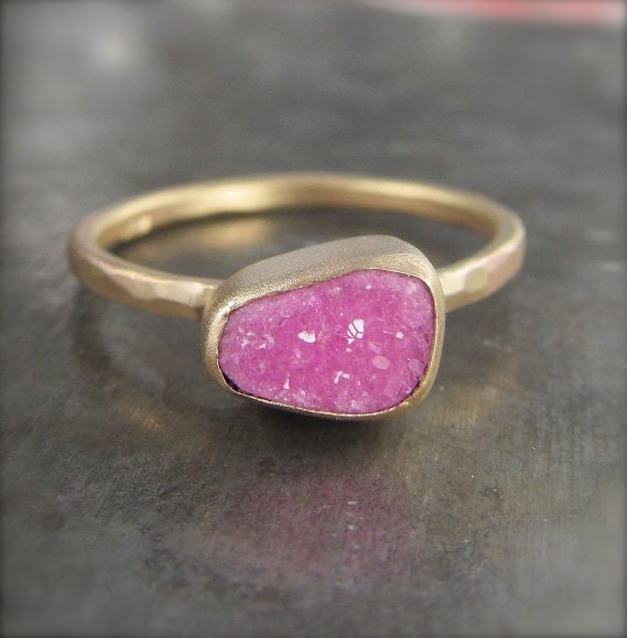 OOAK Little Pink Druzy and Recycled 14k Gold Ring