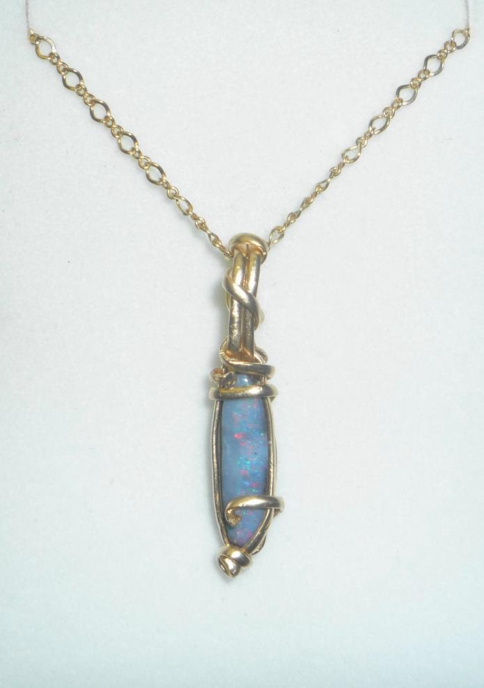 Wire Wrapped Solid Boulder Opal Pendant & Necklace 14K Rolled Gold